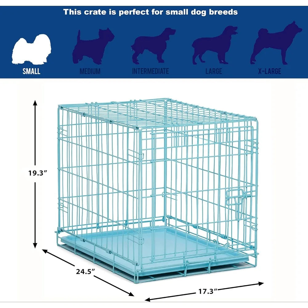 Single door blue folding metal dog cage with divider, floor protection 'roller' feet and leak-proof plastic tray