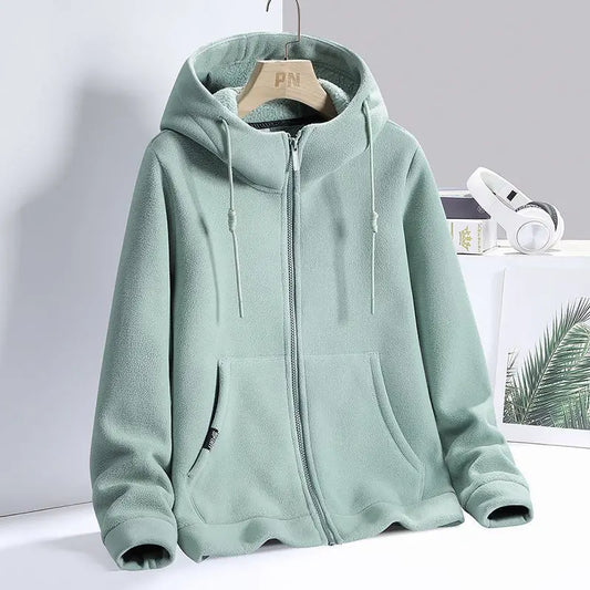 Solid Cashmere Fleece Hoodies Women Sweatshirt Autumn Winter Jacket Breathable Leisure Walk Warm Hooded Zipper Top Lady Coat