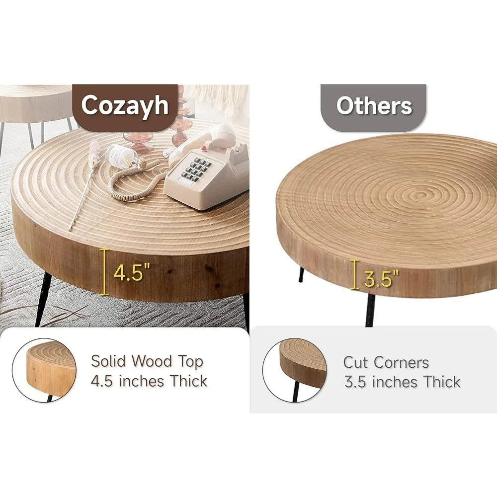Modern Farmhouse Living Room Coffee Table Set, Nesting Table Round Natural Finish with Handcrafted Wood Ring Motif,