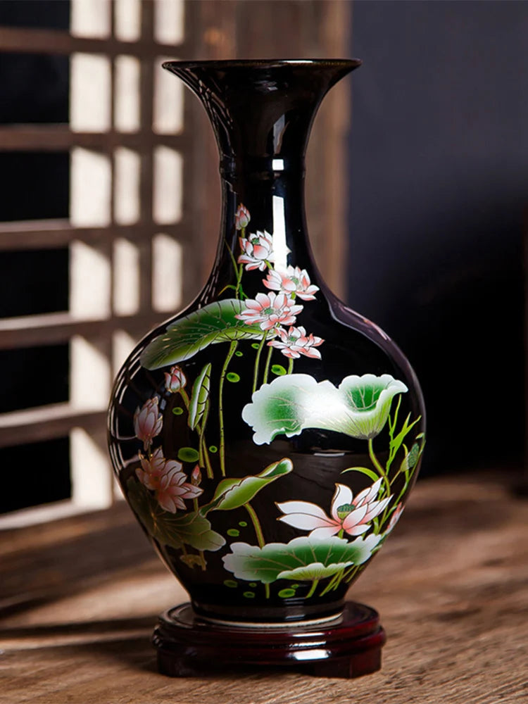 Jingdezhen Sharply Glaze Black Ceramic Vase Lotus Pattern For Modern Home Sitting Room Adornment