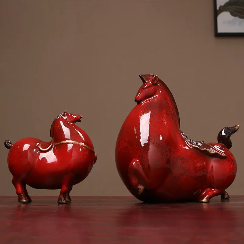 Creative Fat Horse Ceramic Statue, Home Decoration, Lucky Red Tang Horse Sculpture, Living Room Decoration, Retro Craft